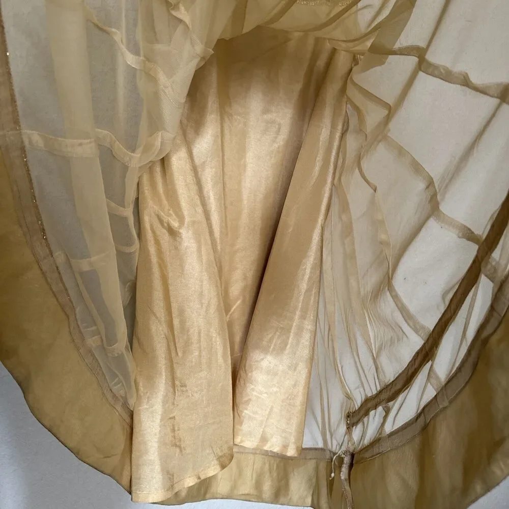 Formal Mesh Tulle Midi Tan Skirt Pleated Gold Metallic Trim Size 34